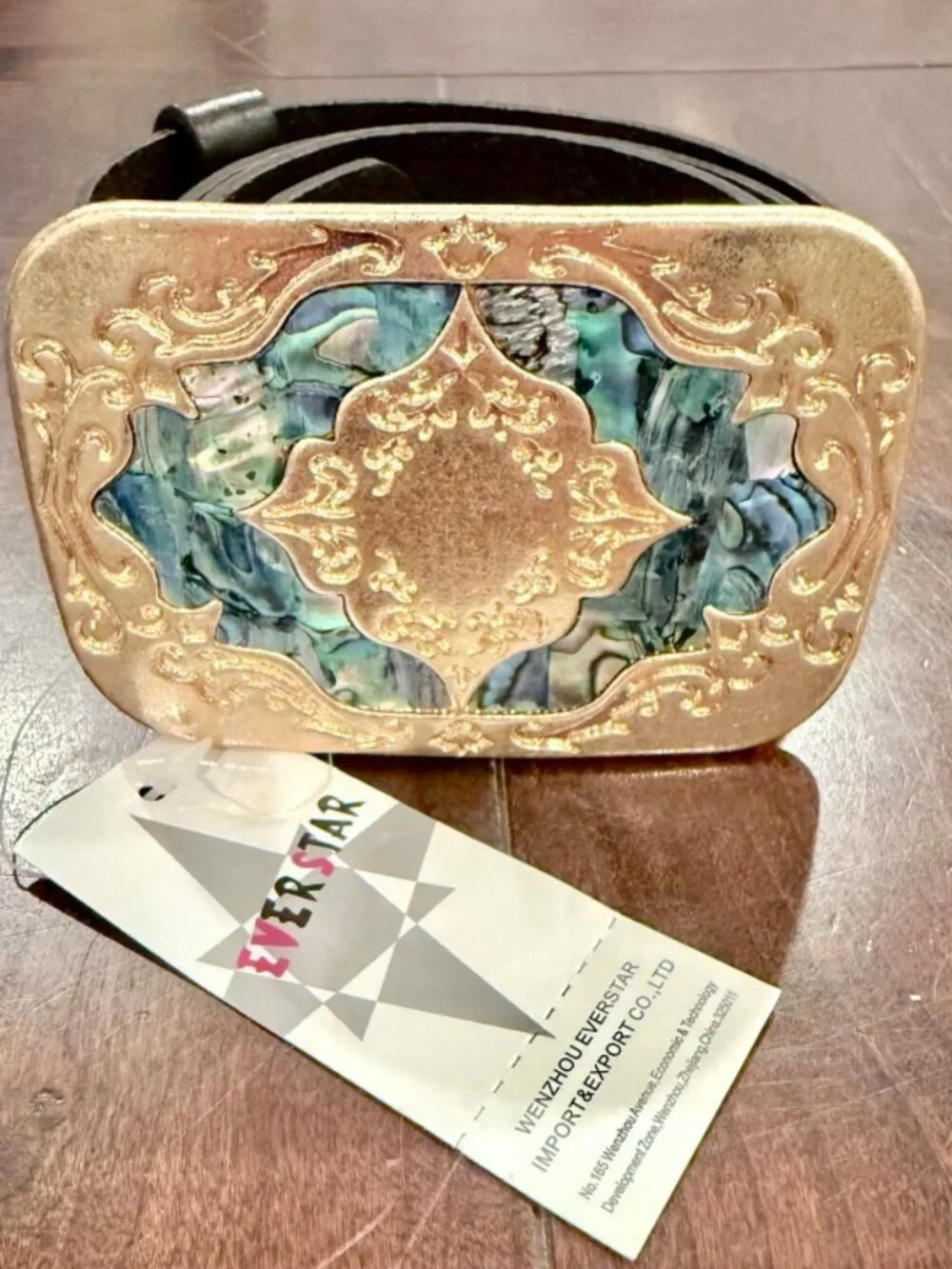 New! Everstar Western Abalone Shell Inlaid Leather Belt Size Small